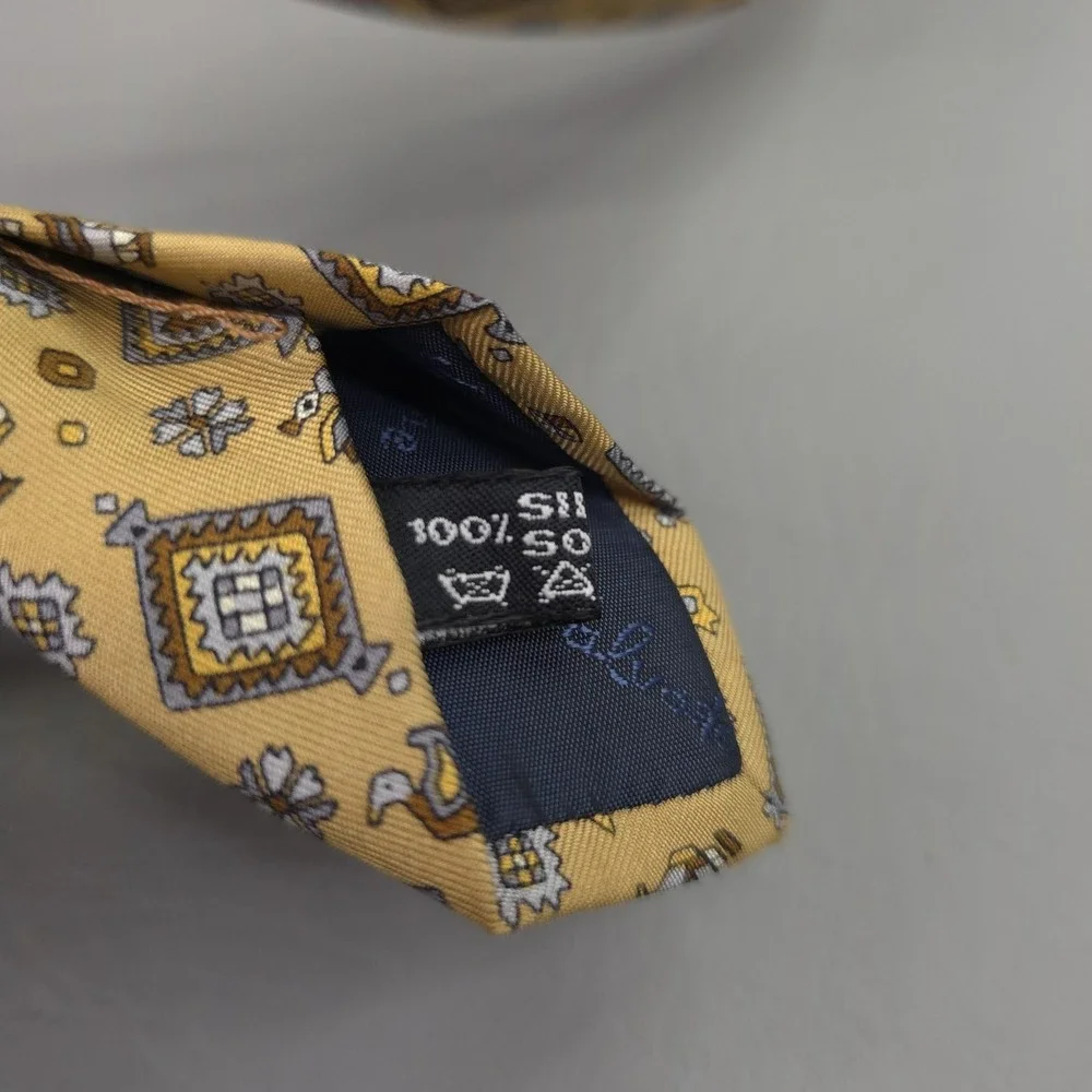 Salvatore Ferragamo Tie Mens Yellow Silk Geometric Animal Print Musei Vaticani